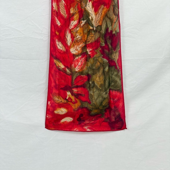 Vera Ibiza Silk Red Scarf With Gold and Green Leaves 52" Long - Picture 8 of 10